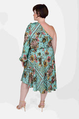 Mayes NYC Olivia One Shoulder Dress Aqua ground color Scarf Print worn by model Max