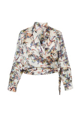 Mayes NYC Donna Shawl Collar Faux Wrap Blouse in Crane Print