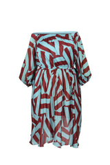 Mayes NYC Edwina Midi Off Shoulder Dress in Blue and Red Circle Stripes