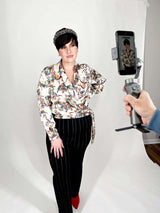 Mayes NYC Donna Shawl Collar Faux Wrap Blouse Crane Print with Cream-based color worn by model Max