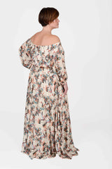 Mayes NYC Crane Maxi Dress in Cream-based color worn by model Max