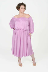 Mayes NYC Edwina Midi Off Shoulder Dress in Orchid worn by model Max