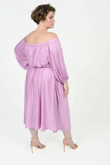 Mayes NYC Edwina Midi Off Shoulder Dress in Orchid worn by model Max