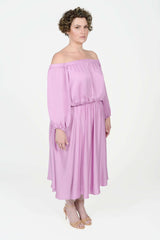 Mayes NYC Edwina Midi Off Shoulder Dress in Orchid worn by model Max