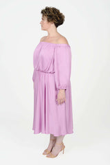Mayes NYC Edwina Midi Off Shoulder Dress in Orchid worn by model Max