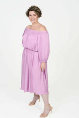 Mayes NYC Edwina Midi Off Shoulder Dress in Orchid worn by model Max
