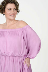 Mayes NYC Edwina Midi Off Shoulder Dress in Orchid worn by model Max