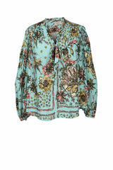 Mayes NYC Rosen Tie Neck Ruched Shoulder Blouse in Boho Scarf Print in Aqua color