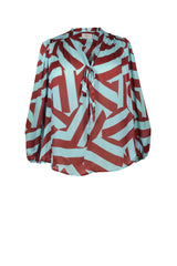 Mayes NYC Rosen Tie Neck Ruched Shoulder Blouse in Blue and Red Circle Stripes