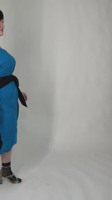 Mayes NYC Vira Color Block Dress Back to Front Reversible in Mykonos Blue worn by model Max