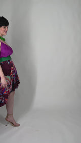Mayes NYC Shanna Reversible Wrap Skirt Solid color Berry and Leaf Print with Burgundy based color worn by model Max