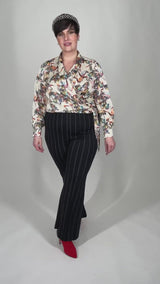 Mayes NYC Donna Shawl Collar Faux Wrap Blouse Crane Print with Cream-based color worn by model Max