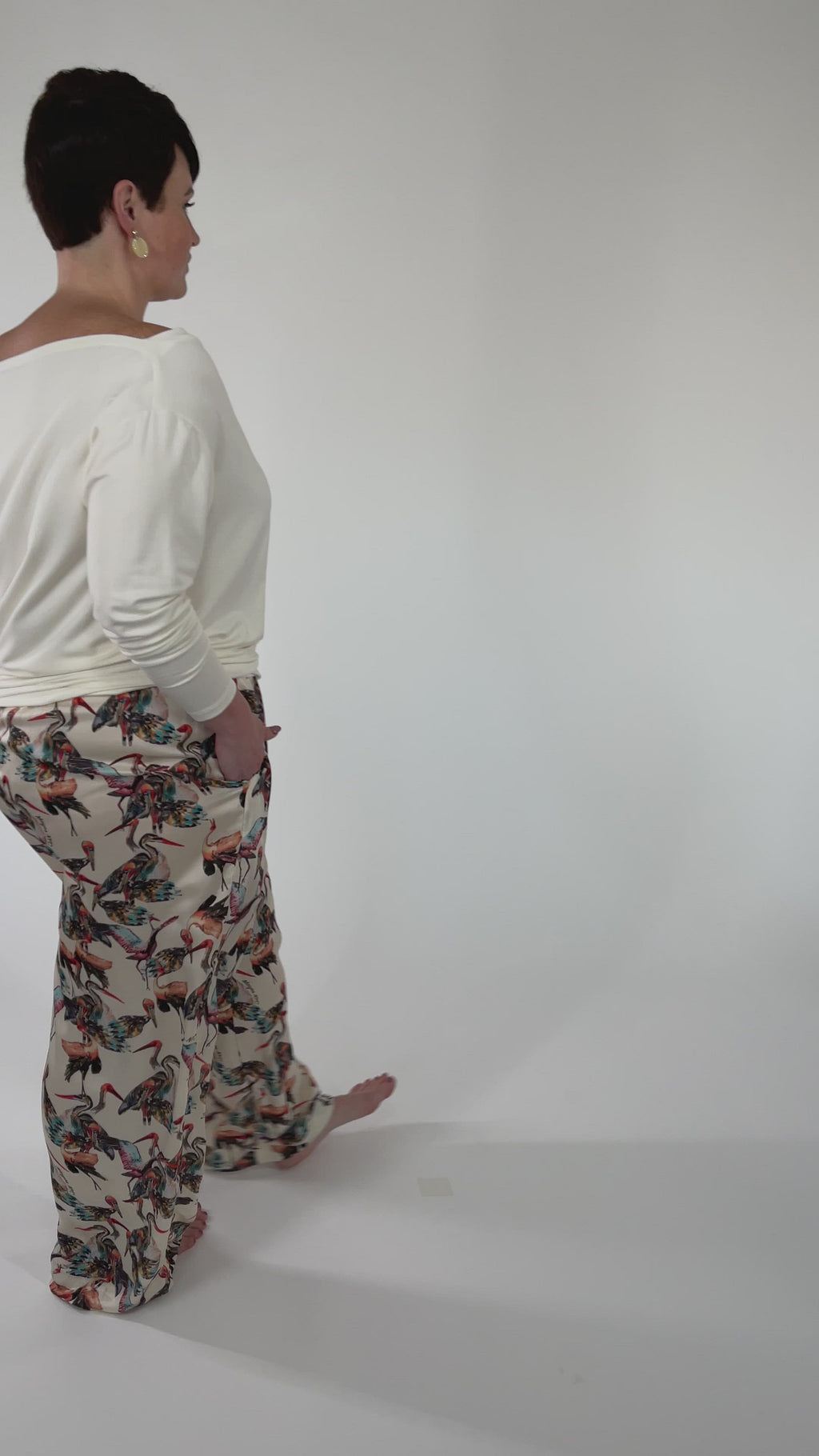 Mayes NYC Frances Wide Leg Lounge Pant in Crane print worn by model Max