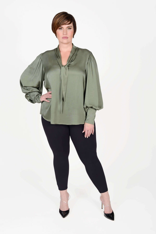Mayes NYC Mia Scarf Neck Blouse in Solid color Olive worn by model Max