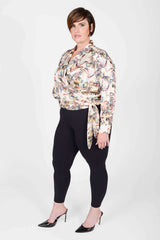 Mayes NYC Donna Shawl Collar Faux Wrap Blouse Crane Print with Cream-based color worn by model Max