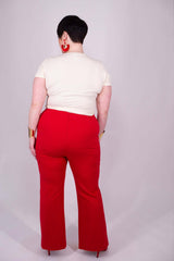 Mayes NYC Carter 70’s Flared Trouser in red worn by model Max