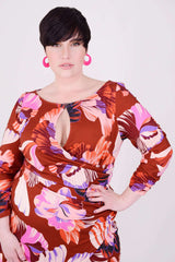 Mayes NYC Lina Keyhole Ruched Waist Dress  in Flower Fan Print with a Terracotta based color worn by model Max