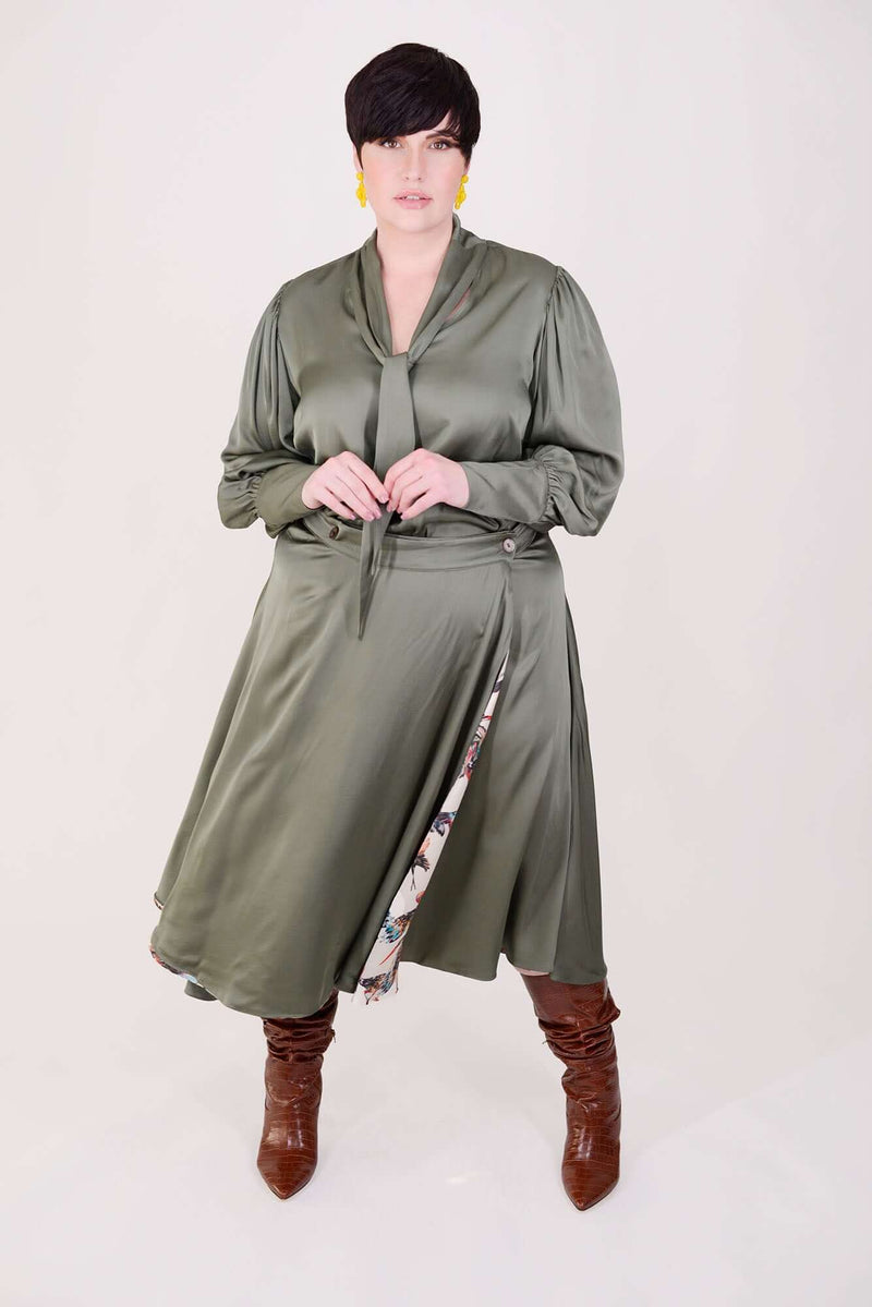 Mayes NYC Shanna Reversible Wrap Skirt in Olive/Crane print worn by model Max