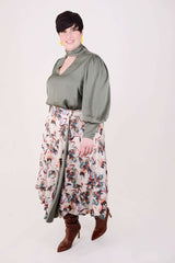 Mayes NYC Shanna Reversible Wrap Skirt in Olive/Crane print worn by model Max