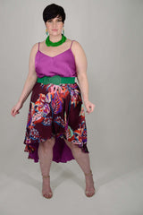 Mayes NYC Shanna Reversible Wrap Skirt Solid color Berry and Leaf Print with Burgundy based color worn by model Max