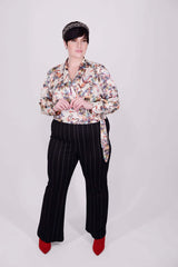 Mayes NYC Carter 70’s Flared Trouser in Pinstripe worn by model Max
