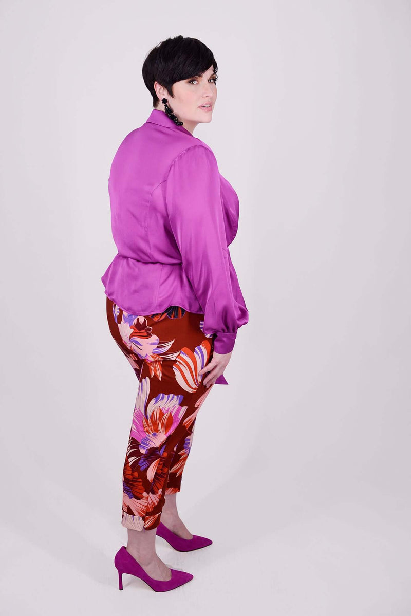 Mayes NYC Jolene Crop Jogger in Flower Fan Print with a Terracotta based color worn by model Max