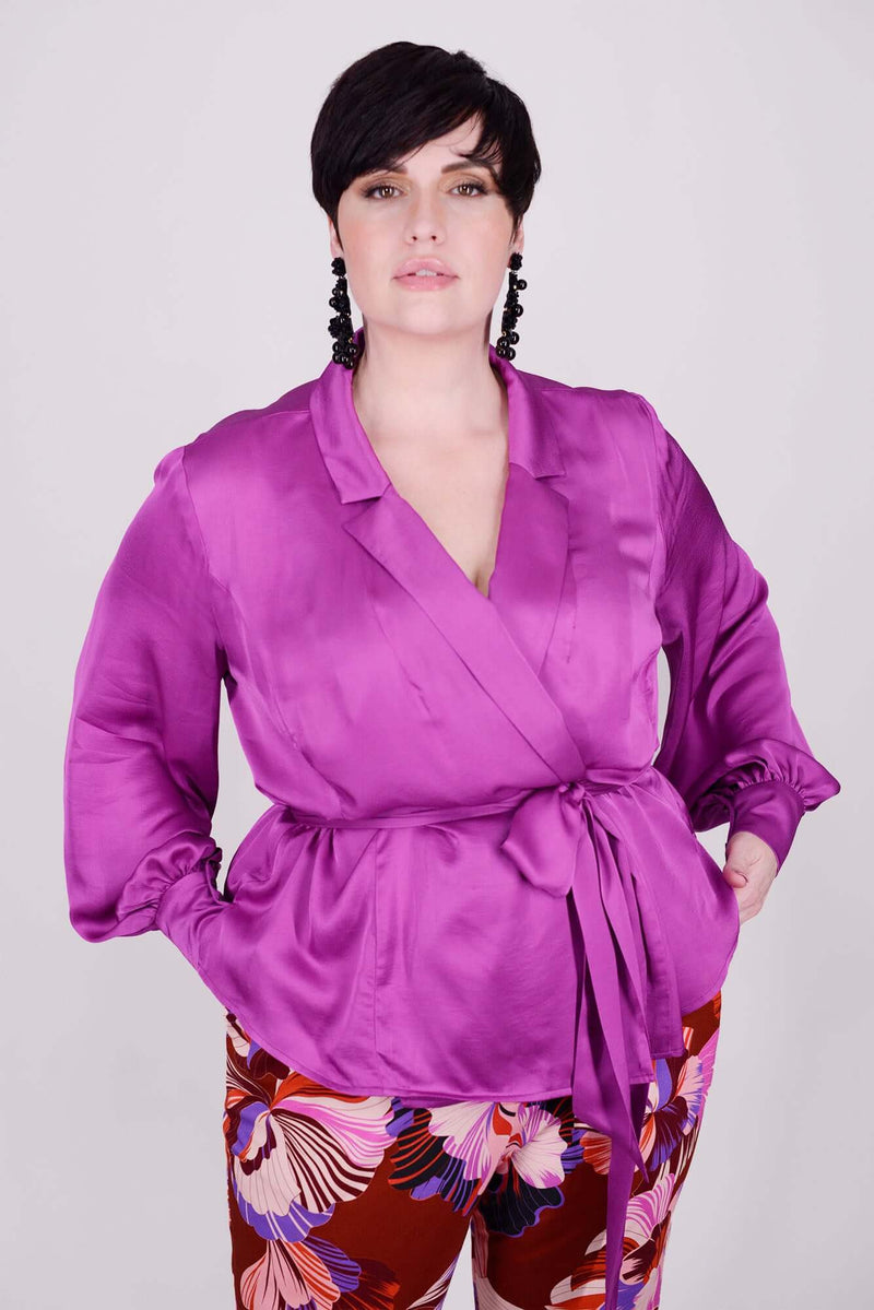 Mayes NYC Meredith Soft Blouse Jacket in Solid Berry color worn by model Max