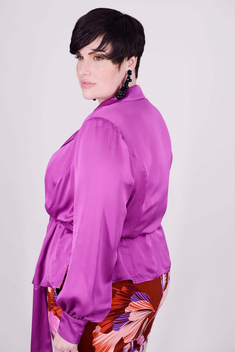 Mayes NYC Meredith Soft Blouse Jacket in Solid Berry color worn by model Max