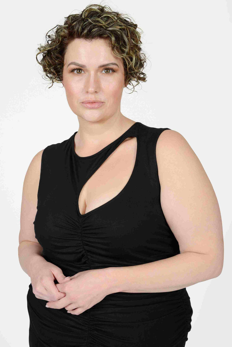  Mayes NYC Sarah Cutout Ruched Tank Dress in Black worn by model Max
