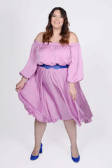 Mayes NYC Edwina Midi Off Shoulder Dress in Orchid worn by model Megan Smith
