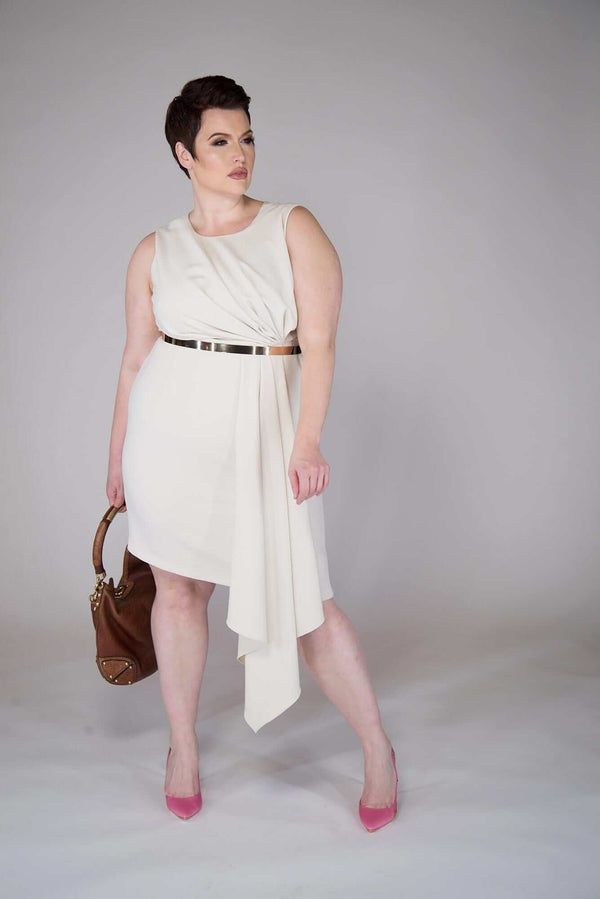 Mayes NYC Asymmetrical Hashmark Textured Sheath Dress in Acru color worn by model Max