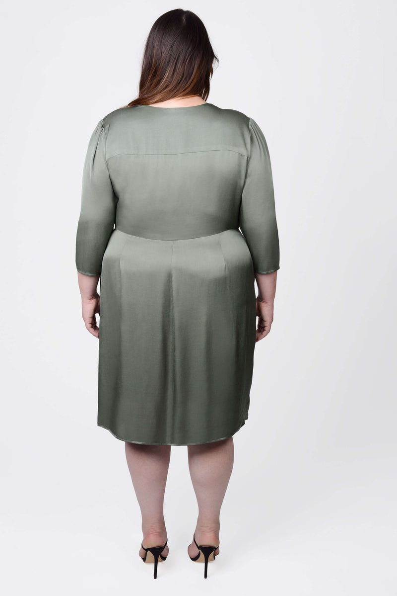 Mayes NYC Elvie Knot Waist Cut Away Dress in Olive color worn by model Megan Smith