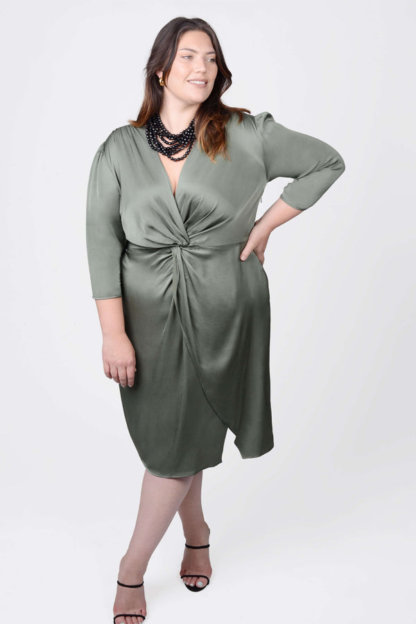 Mayes NYC Elvie Knot Waist Cut Away Dress in Olive color worn by model Megan Smith