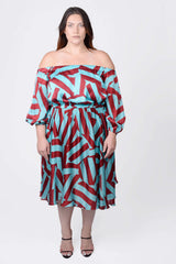 Mayes NYC Edwina Midi Off Shoulder Dress in Blue and Red Circle Stripes worn by model Megan Smith