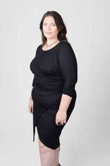 Mayes NYC Lina Keyhole Ruched Waist Dress in Black worn by model Megan Smith