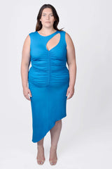  Mayes NYC Sarah Cutout Ruched Tank Dress in Blue worn by model Megan Smith