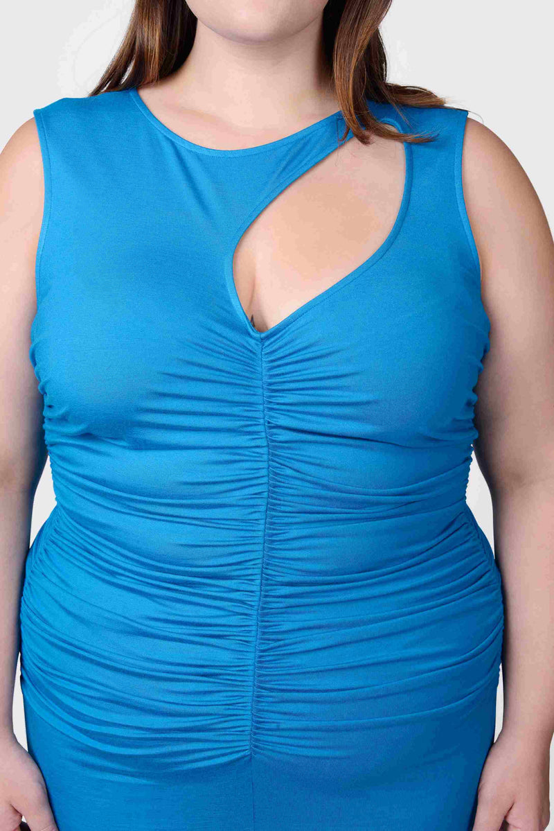  Mayes NYC Sarah Cutout Ruched Tank Dress in Blue worn by model Megan Smith