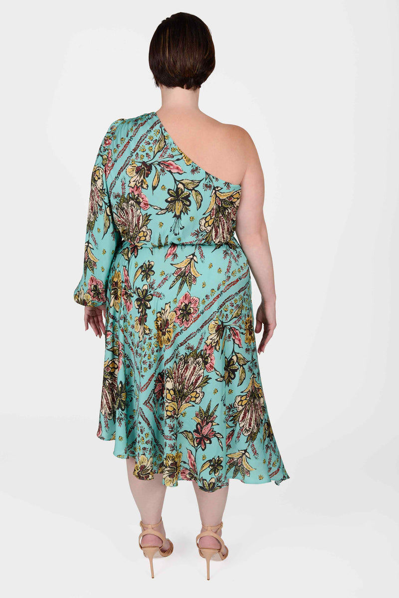 Mayes NYC Olivia One Shoulder Dress Aqua ground color Scarf Print worn by model Max
