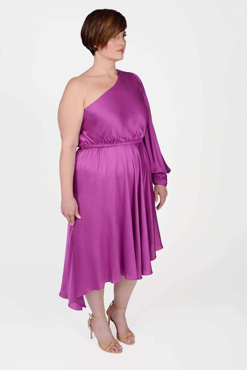 Mayes NYC Olivia One Shoulder Dress in Berry worn by model Max