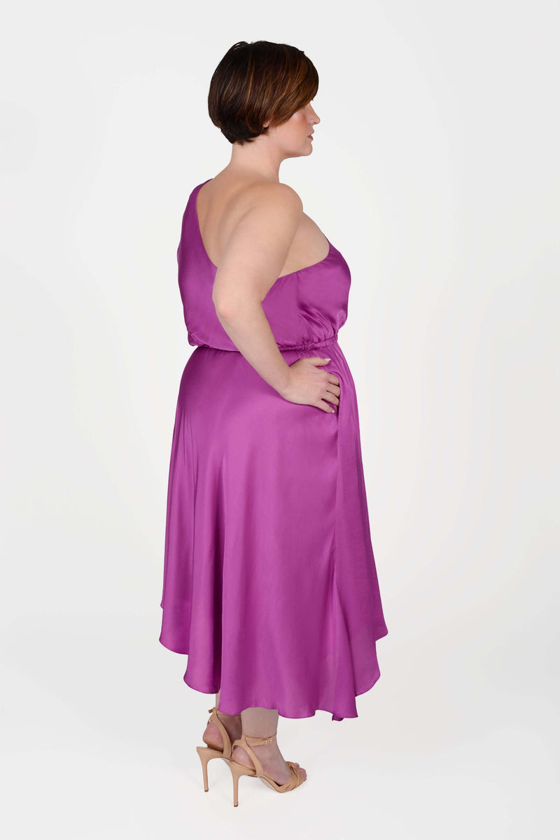 Mayes NYC Olivia One Shoulder Dress in Berry worn by model Max