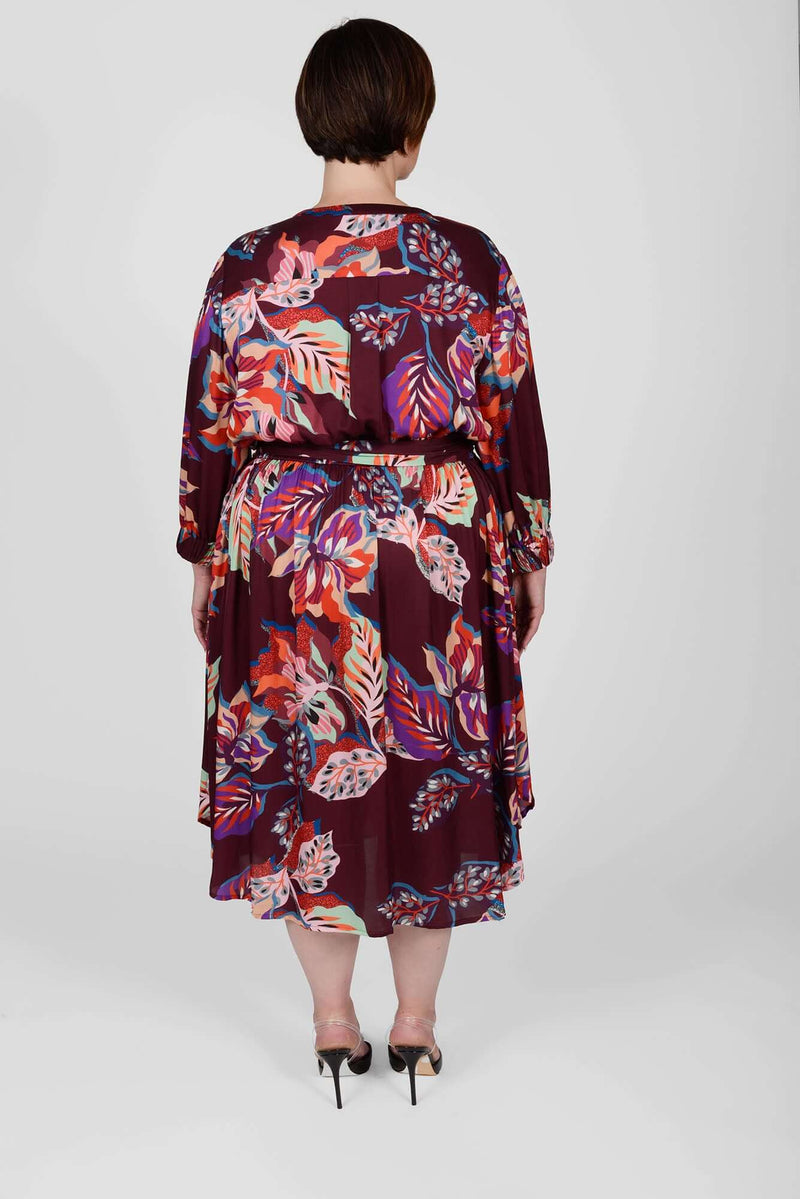 Mayes NYC Christopher Shirt Dress in Leaf Print in Burgundy Based color worn by model Max