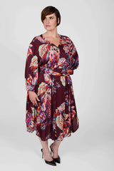 Mayes NYC Christopher Shirt Dress in Leaf Print in Burgundy Based color worn by model Max