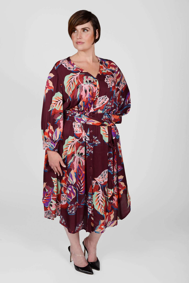 Mayes NYC Christopher Shirt Dress in Leaf Print in Burgundy Based color worn by model Max