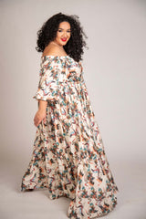 Mayes NYC Crane Maxi Dress in Cream-based color worn by model Grace Delgado
