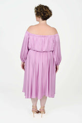 Mayes NYC Edwina Midi Off Shoulder Dress in Orchid worn by model Max