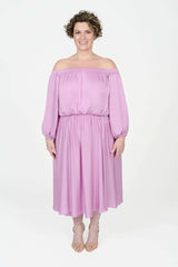 Mayes NYC Edwina Midi Off Shoulder Dress in Orchid worn by model Max
